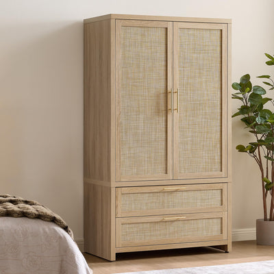 SICOTAS Rattan Armoire Wardrobe Closet Cabinet, 71" Tall Wardrobe Storage Cabinet with Doors, Large Drawers and Hanging Rod, Boho Armoire Clothes Organizer for Bedroom, Cloak Room, Light Oak