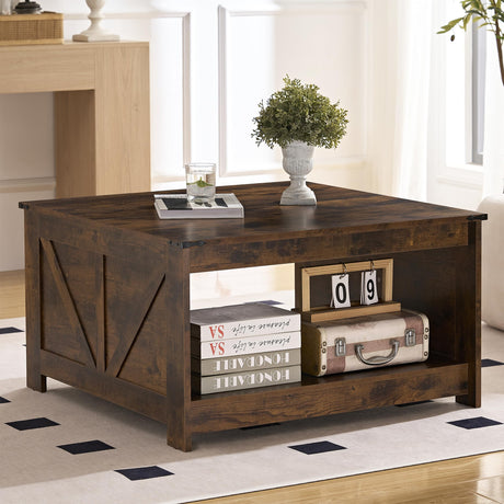 OKYCI Farmhouse Coffee Table for Living Room, Wood Square Coffee Tables, 31.5" D x 31.5" W, Rustic Brown OKYCI