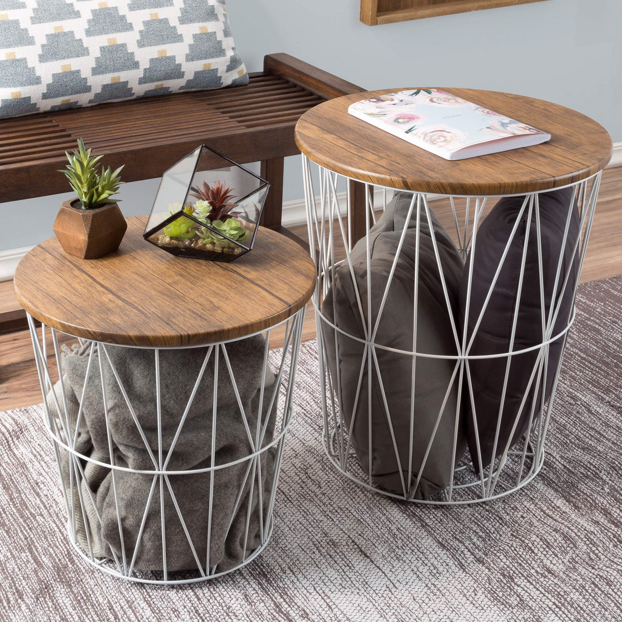 End Tables Set of 2 - Nesting Tables with Removable Wood Tops and Metal Basket Bases for Blanket Storage - Round Side Furniture for Living Room, Bedroom, or Home Office by Lavish Home (Brown/White) Lavish Home