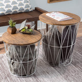 End Tables Set of 2 - Nesting Tables with Removable Wood Tops and Metal Basket Bases for Blanket Storage - Round Side Furniture for Living Room, Bedroom, or Home Office by Lavish Home (Brown/White) Lavish Home