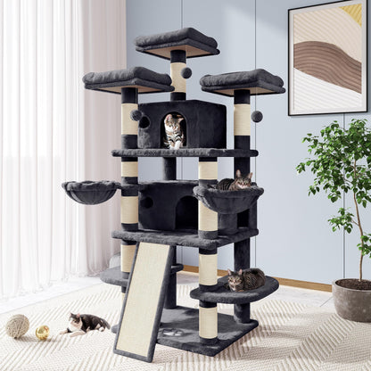 Allewie 68 Inches Cat Tree House with Condo, Scratching Post, and Multi-Level Towers for Cats - Smokey Grey