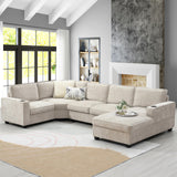 Merax Modern Oversized U-Shaped Sectional Sofa with Cup Holders & Chaise Lounge, Chenille 6-Seat Couch Set Sleeper Bed with Deep Seat Beige Merax