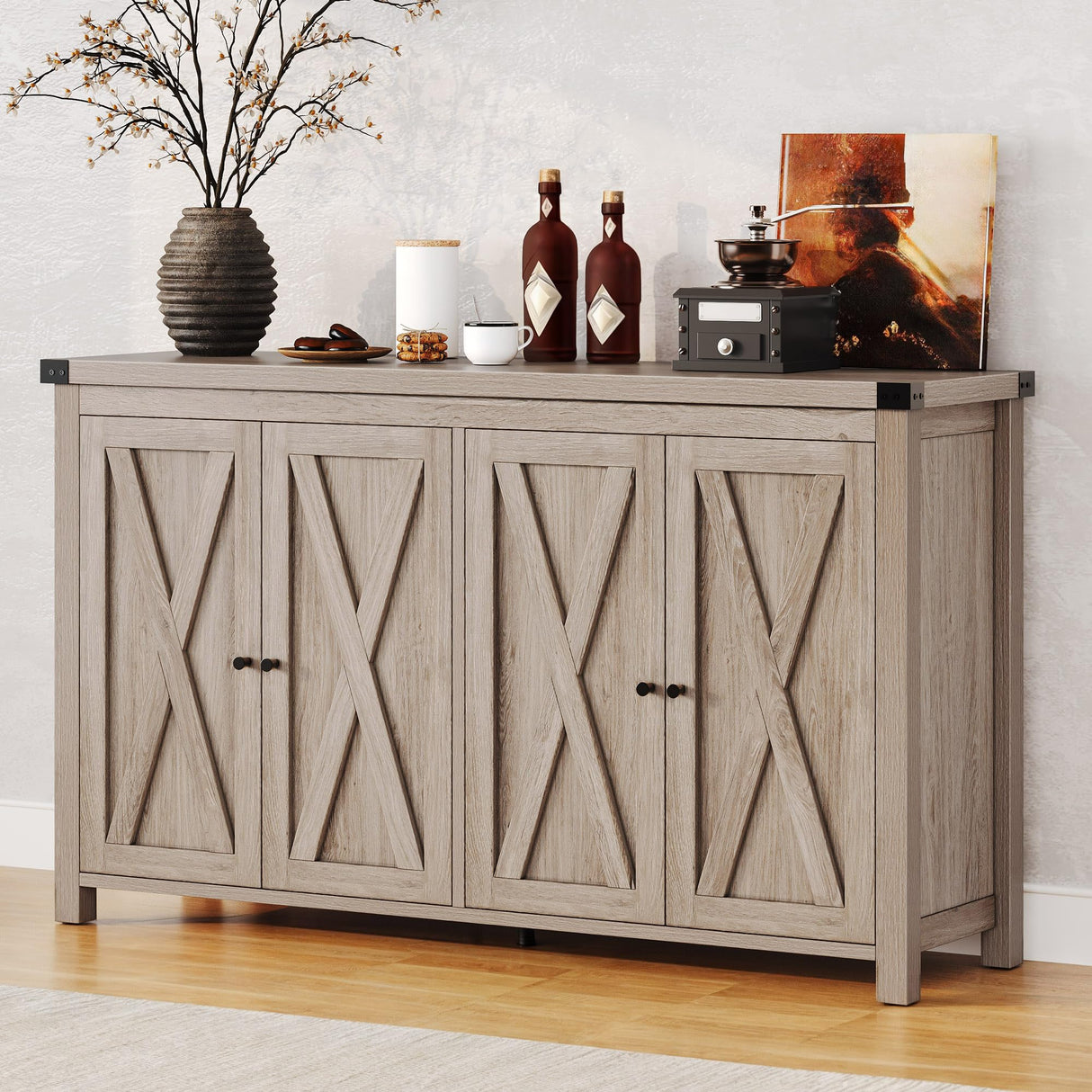 DWVO 55'' Sideboard Buffet Cabinet with Storage, Farmhouse Kitchen Storage Cabinet with Doors, Large Coffee Bar Cabinets with Adjustable Shelves for Kitchen, Living Room, Grey DWVO