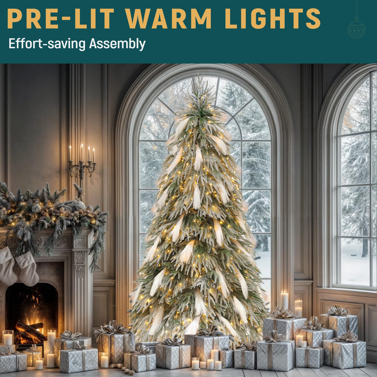 YITAHOME Pre-Lit Flocked Natural Drooping Pampas Christmas Tree, 6ft Snow Flocked Artificial Christmas Tree with 355 PE Branch Tips, 30 Feathers and 400 Lights for Home, Office, Party Decoration YITAHOME