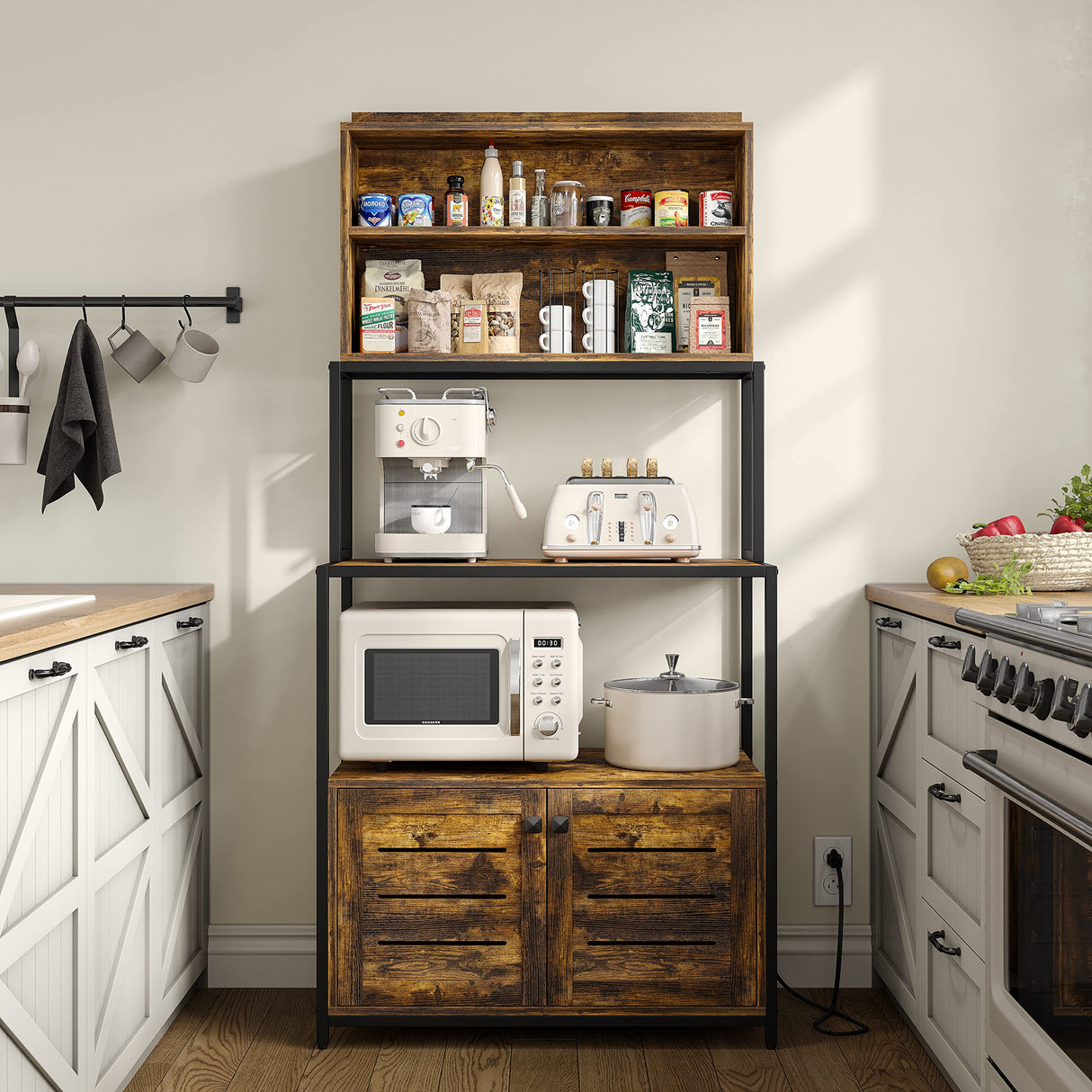 Furniouse Rustic Brown 5-Tier Kitchen Baker's Rack with Power Outlet and Storage Cabinets Furniouse