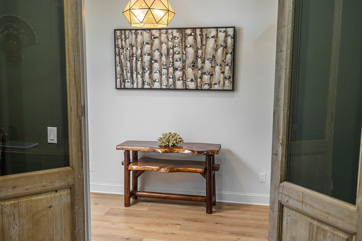 Rustic Log Live Edge Wooden Console Sofa Table for Entryway with Shelf Storage (Honey Pine) Southern Rustic Logwerks