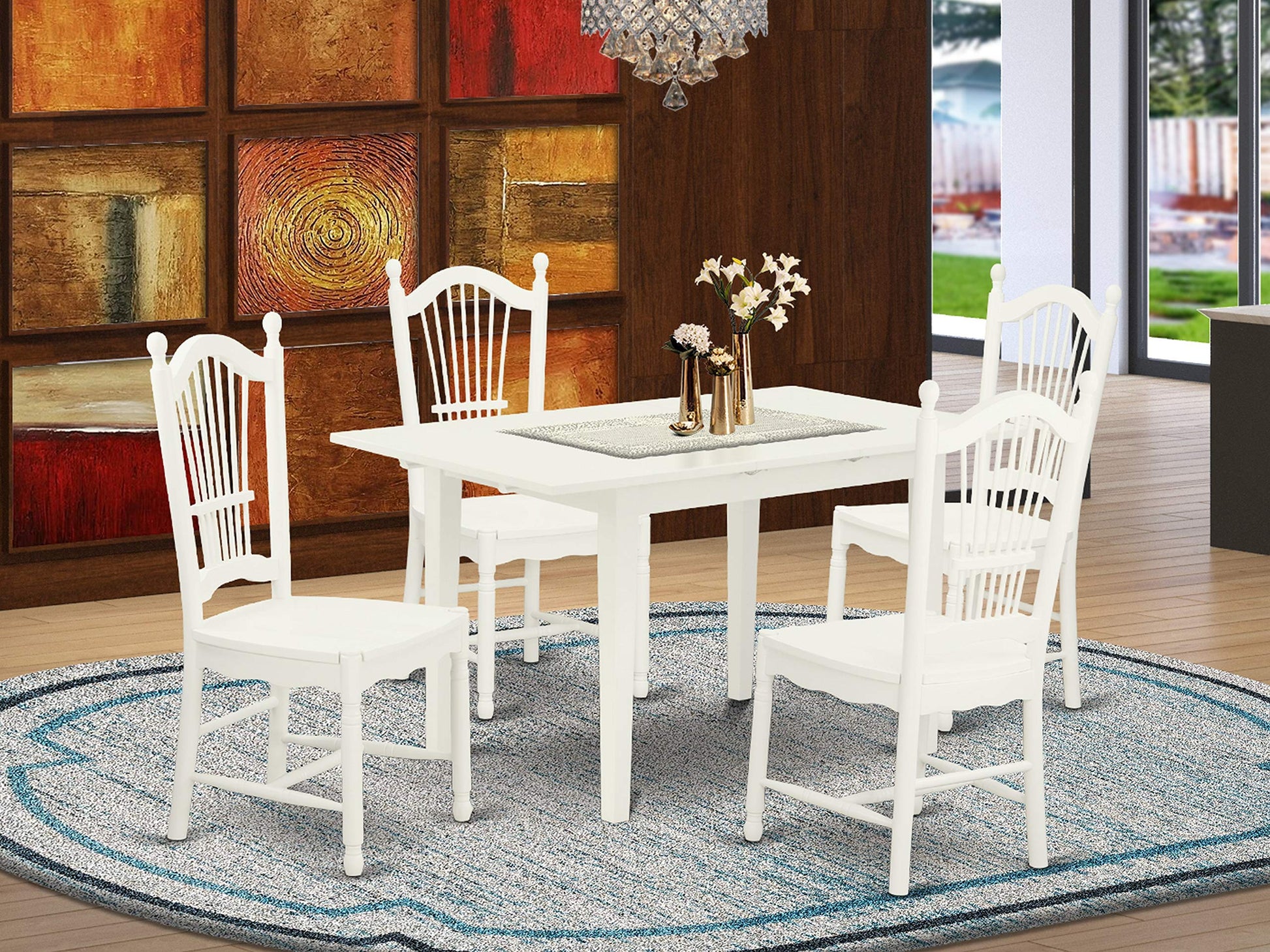 East West Furniture Norfolk 5 Piece Modern Set Includes a Rectangle Wooden Table with Butterfly Leaf and 4 Dining Room Chairs, 32x54 Inch, Linen White - WoodArtSupply