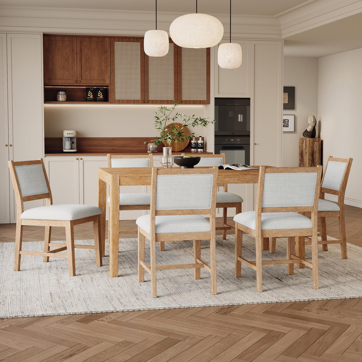 Merax 7 Pieces Retro Dining Set for 6, Rectangular Wood Dining Table with 6 Upholstered Chairs for Kitchen, Living Room, Natural Merax