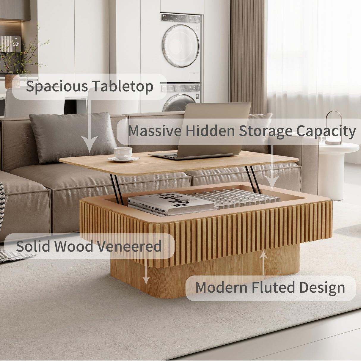 38.6" Square Lift Top Coffee Table, Modern Fluted Tea Table with Hidden Storage for Living Room, Apartment or Office, Natural Wood KIGFTSOD