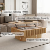 38.6" Square Lift Top Coffee Table, Modern Fluted Tea Table with Hidden Storage for Living Room, Apartment or Office, Natural Wood KIGFTSOD
