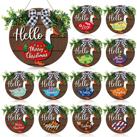 Weysat 13 Pcs Interchangeable Wooden Goose Decor, 11.8 Inch Holiday Seasonal Welcome Changeable Hello Geese Signs Rustic Farmhouse Front Door Round Wreaths Hanging Decorations for Porch Home Outdoor Weysat