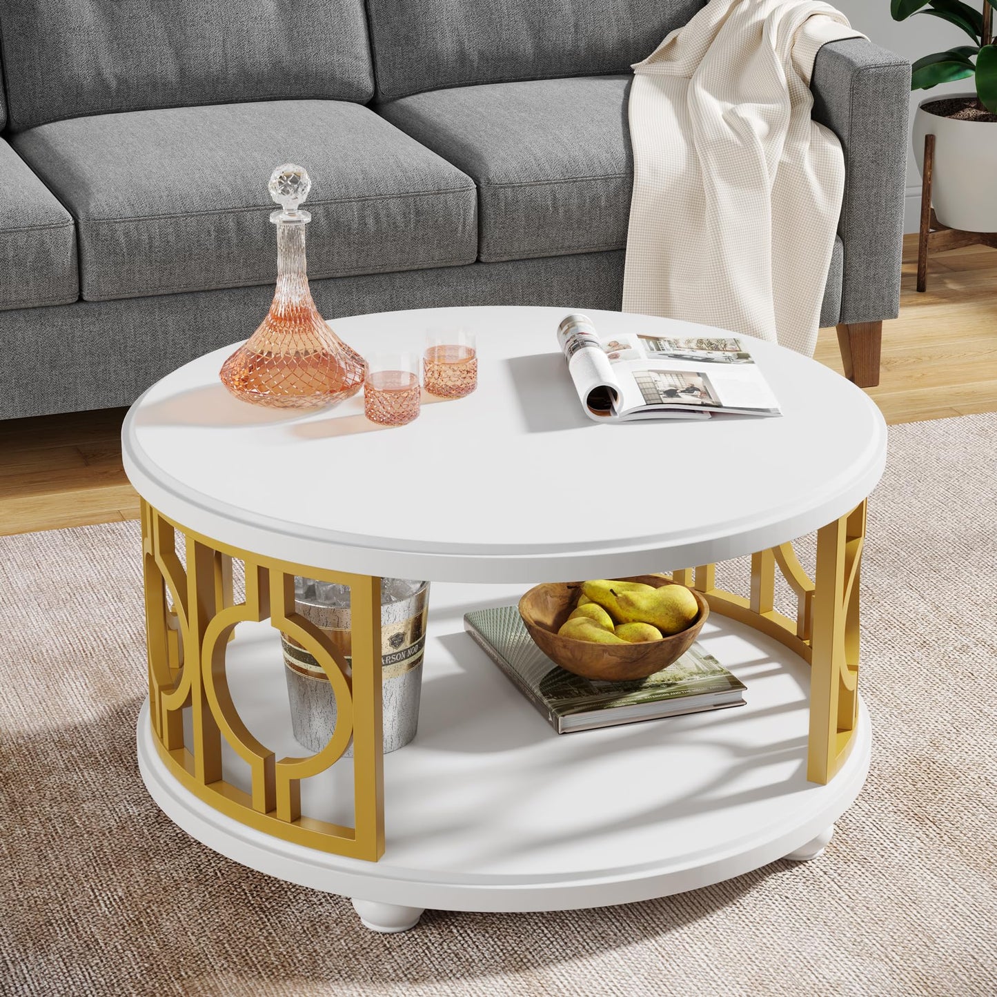 Tribesigns Round Coffee Table, 2-Tier Circle Coffee Table with Storage Shelf, Modern Center Table for Living Room & Office, White and Gold - WoodArtSupply