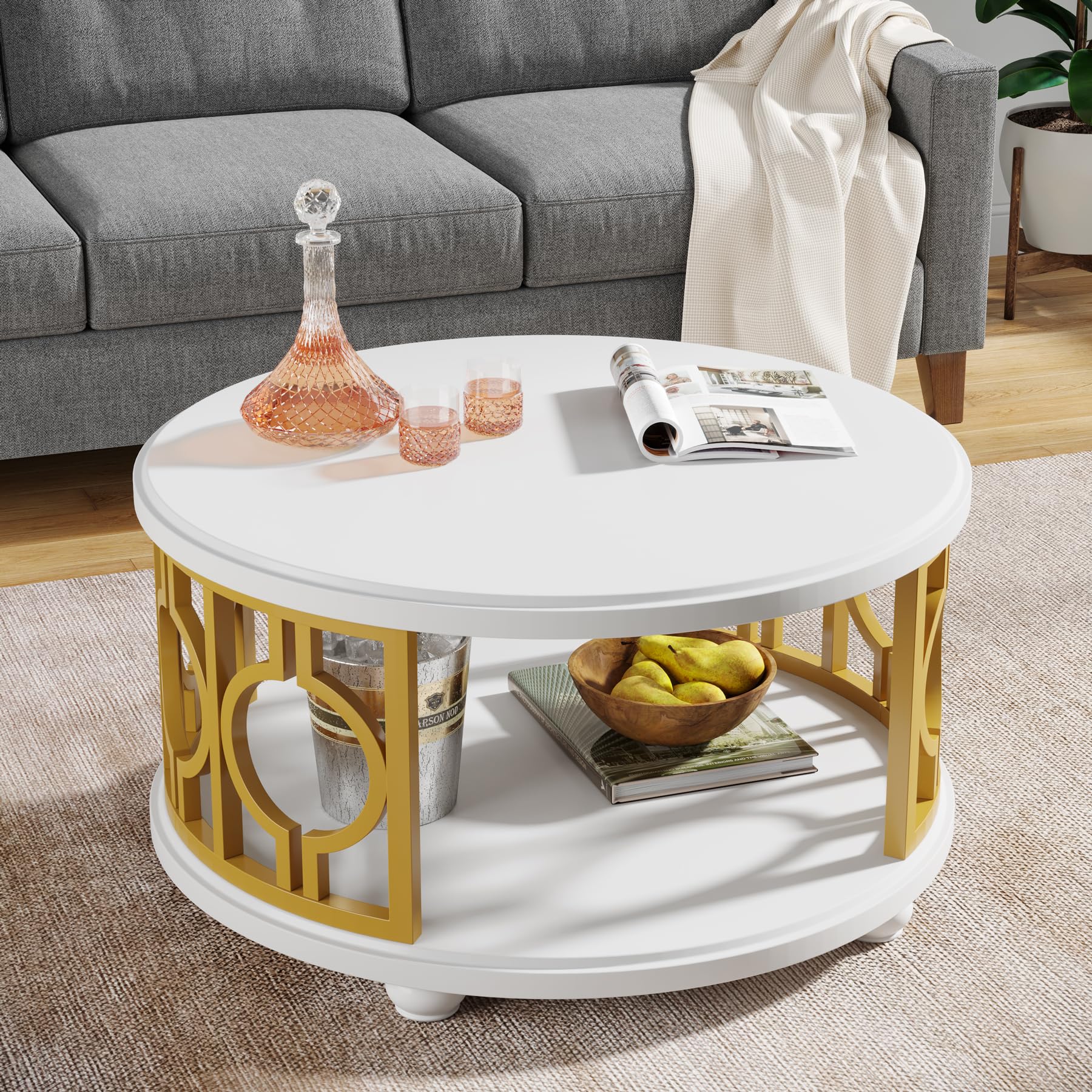 Tribesigns Round Coffee Table, 2-Tier Circle Coffee Table with Storage Shelf, Modern Center Table for Living Room & Office, White and Gold - WoodArtSupply