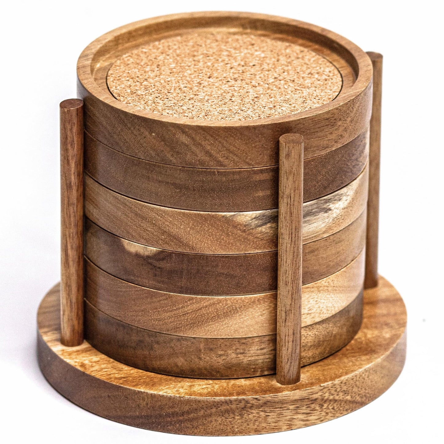 Wood Cork Coasters for Drinks with Holder, 4.13 Inch, Set of 6, Acacia Wood Coasters, Absorbent Coaster, Absorbent Drink Coasters, Table Coasters for Wood Table, Coasters for Coffee - WoodArtSupply