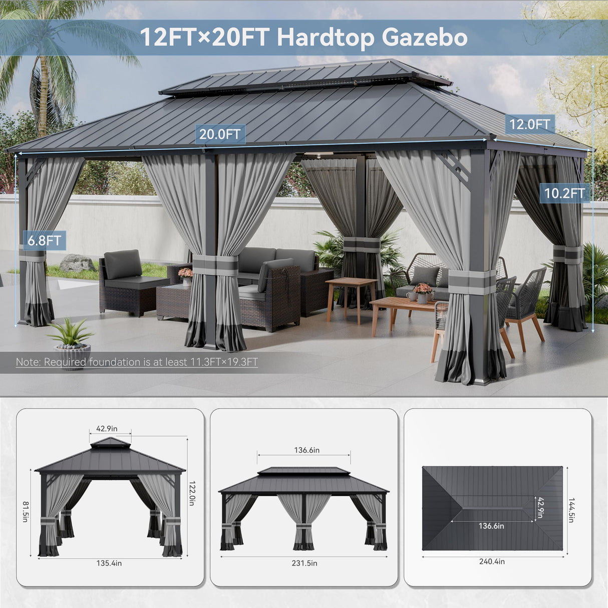 Kurapika 12' x 20' Hardtop Gazebo, Outdoor Metal Gazebo with Galvanized Steel Double Roof Canopy, Curtain and Netting, Aluminum Permanent Pavilion Gazebo for Patio, Backyard, Lawn, Grey Kurapika
