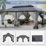 Kurapika 12' x 20' Hardtop Gazebo, Outdoor Metal Gazebo with Galvanized Steel Double Roof Canopy, Curtain and Netting, Aluminum Permanent Pavilion Gazebo for Patio, Backyard, Lawn, Grey Kurapika