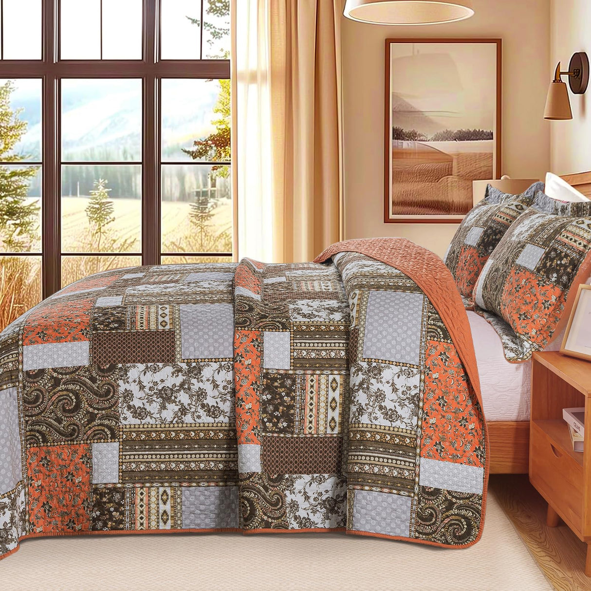 BEDIFANY Farmhouse Cotton Quilts Queen Size for Fall - Lightweight Patchwork Autumn Bedspread Set for Bed Coverlet - Highly-Woven Soft Reversible Bed Spread for All Seasons (Floral Orange) 3 Pieces BEDIFANY