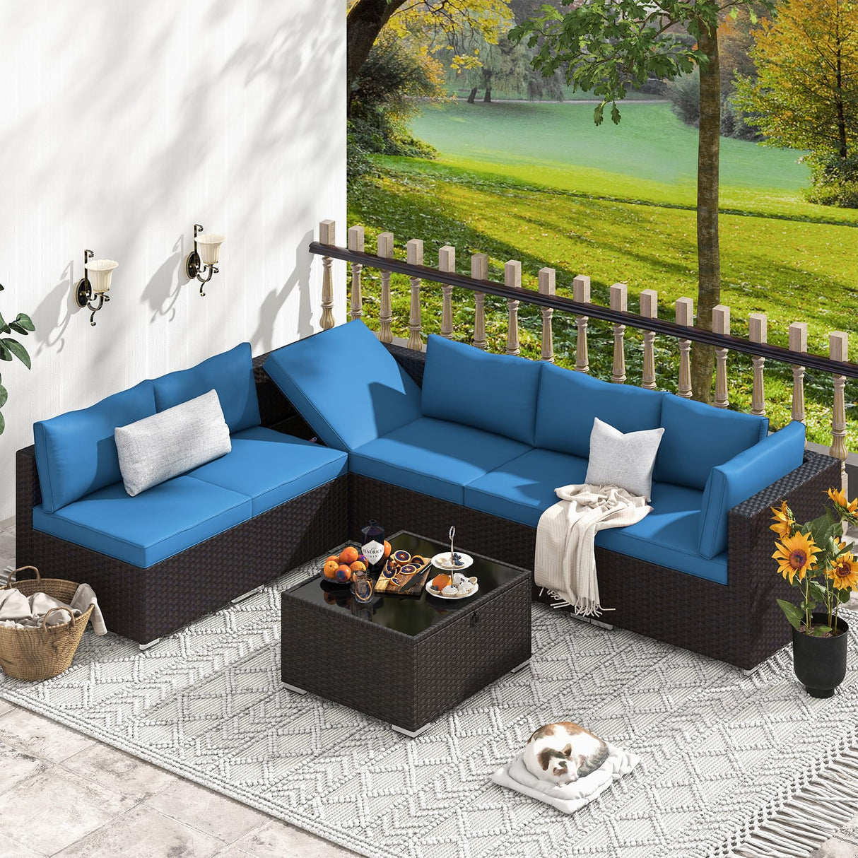 RYNSTO 7 Piece Patio Furniture Set with Adjustable Bracket Wicker Rattan Patio Conversation Sets Outdoor Sectional Sofa Set with Wood Table and Cushions for Porch Lawn Garden, Blue RYNSTO