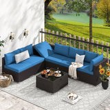 RYNSTO 7 Piece Patio Furniture Set with Adjustable Bracket Wicker Rattan Patio Conversation Sets Outdoor Sectional Sofa Set with Wood Table and Cushions for Porch Lawn Garden, Blue RYNSTO