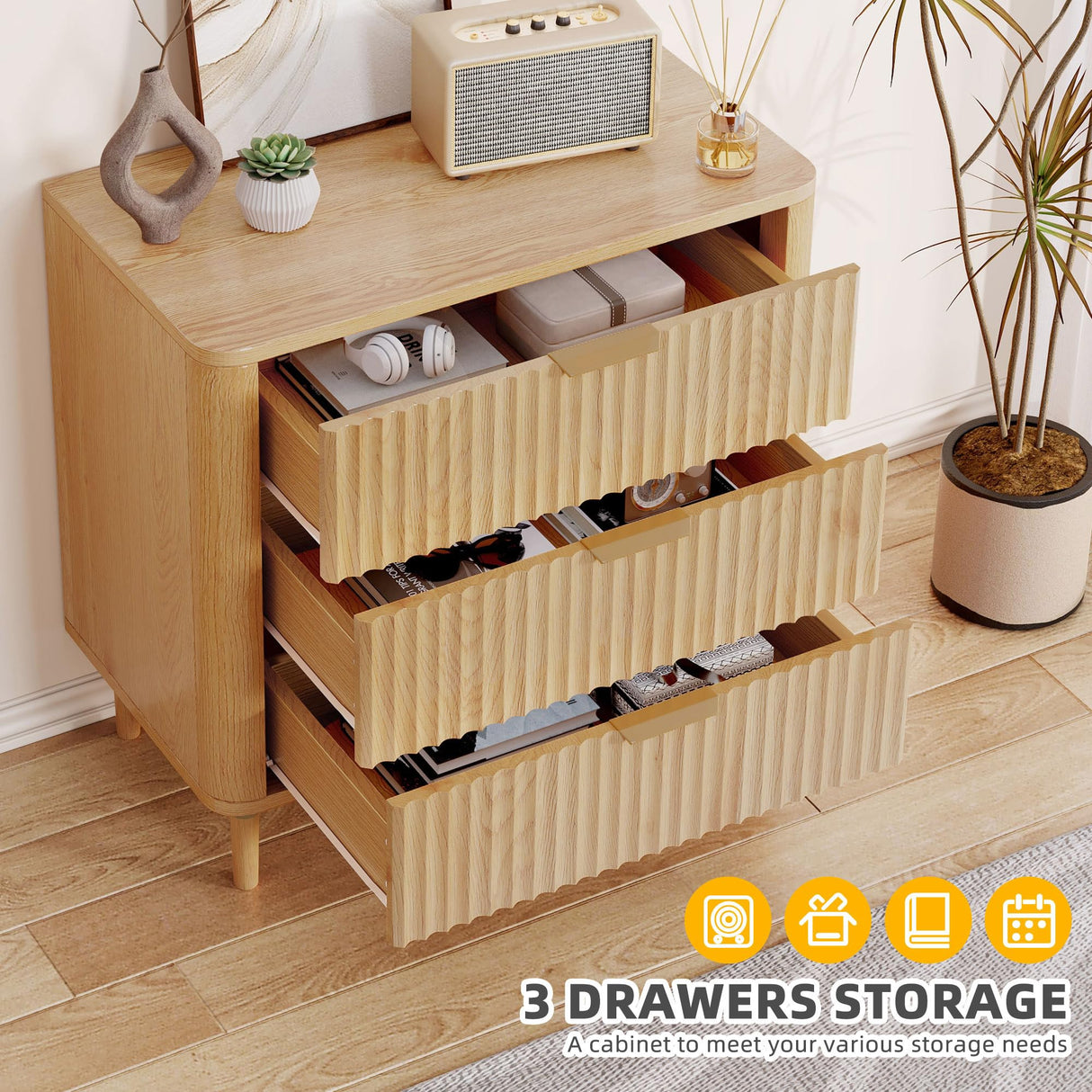 DWVO Fluted 3 Drawer Dresser, 32.5 Wider Modern Dressers Chest of Drawers with Solid Wood Legs, Wood Storage Dresser Organizer for Dorms, Flats, Living Rooms, Hallways,Natural Oak DWVO