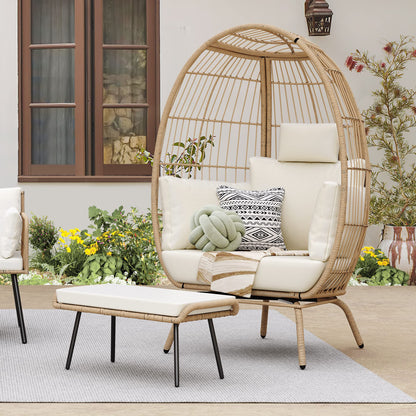 YITAHOME Wicker Outdoor Egg Chair with Footrest Patio Oversized Lounger Chair with Ottoman, Cushions, Outdoor Indoor Basket Chair - Beige