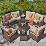 MEISSALIVVE 9 Piece Outdoor Patio Furniture Set, Half-Moon Curved Sectional Sofa Rattan Patio Conversation Set with Wood Armrests, Tempered Glass Round Coffee Table & Side Table（Beige） MEISSALIVVE