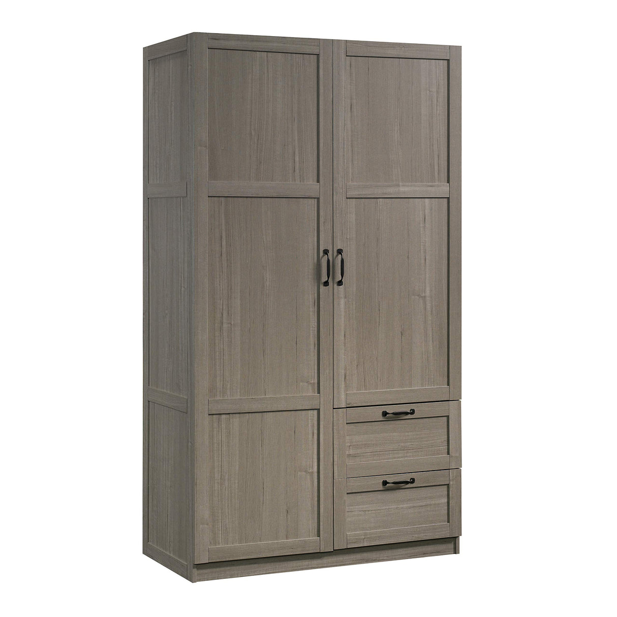 Sauder Select Multipurpose Bedroom Armoire Wardrobe Closet Pantry Storage Cabinet with Storage Drawers and Hanging Rail, in Silver Sycamore Sauder