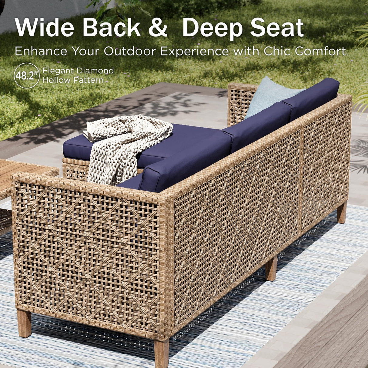 PHI VILLA Wicker Patio Furniture Set, Outdoor L-Shaped Sectional Sofa with Cushions and Acacia Wood Coffee Table, Boho Style for Garden, Deck, or Poolside Lounge，Navy Blue PHI VILLA