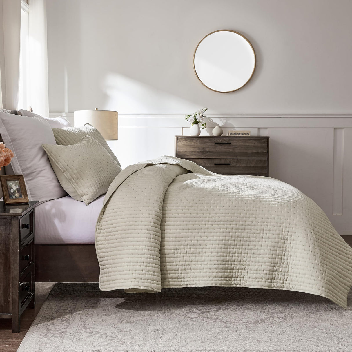 WDCOZY Beige Cross Stitch Queen Size Quilt Set, Netural Striped Lightweight Soft Bedspread, Channel Farmhouse Rustic Coverlet, All Season Country Bedding, Thin Comforter WDCOZY