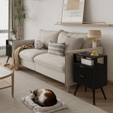 JOONEE Black Nightstand with Charging Station and LED Lights,Modern Bedside Table with 2 Storage Drawer and Open Wood Shelf, for Bedroom and Small Spaces,Night Stand with Solid Wood Legs,Black JOONEE