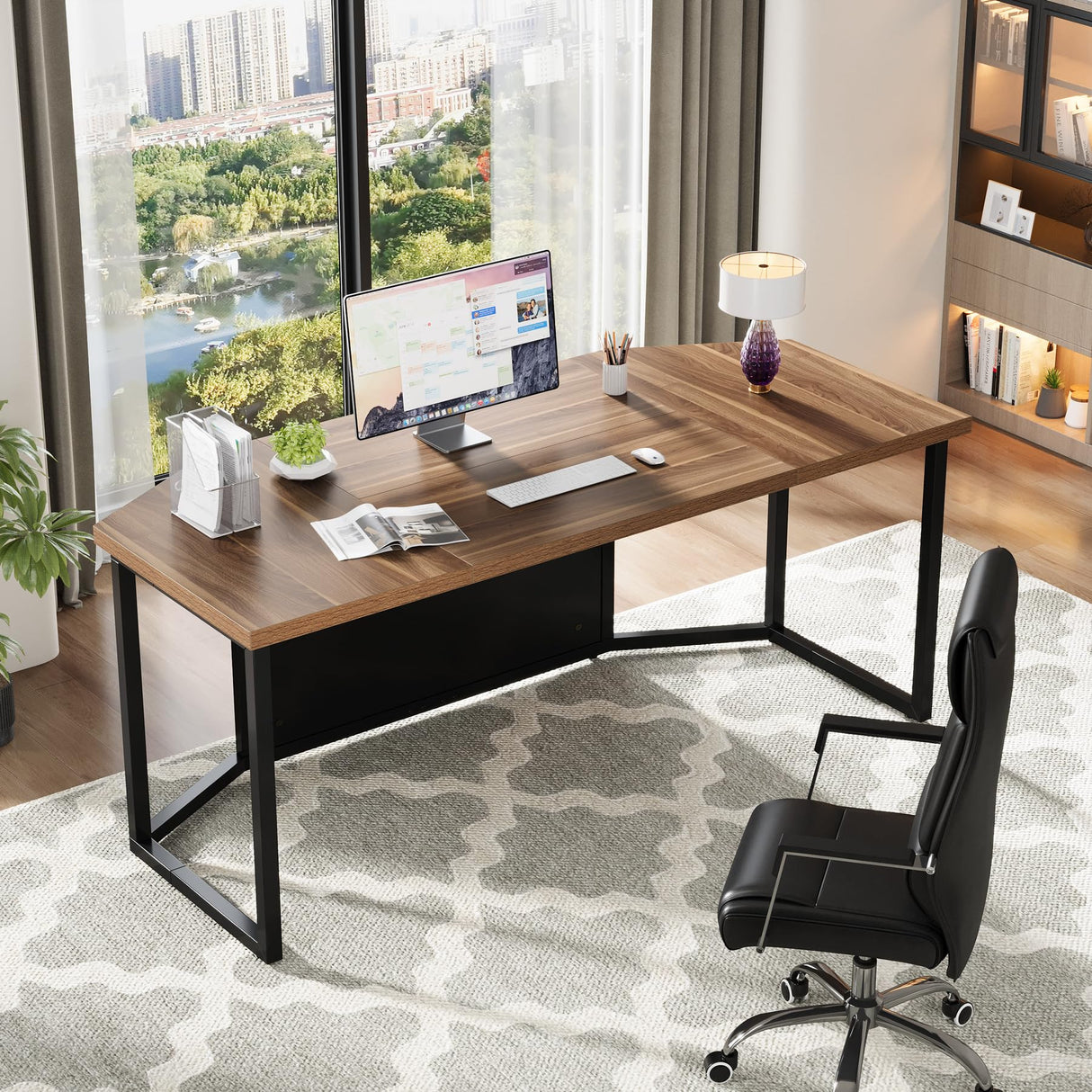 Tribesigns 63 Inch Executive Desk, Large Computer Desk with Privacy Panel, Modern Simple Style Home and Office Desk, Gaming Desk Writing Table Study Desk Business Furniture, Brown and Black Tribesigns