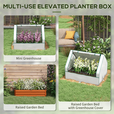 Outsunny 4 x 3 x 1ft Raised Garden Bed with Mini Greenhouse, Galvanized Outdoor Planter Box with Cover, for Herbs and Vegetables, Use for Patio, Garden, Balcony, White Cover and Brown Planter Outsunny