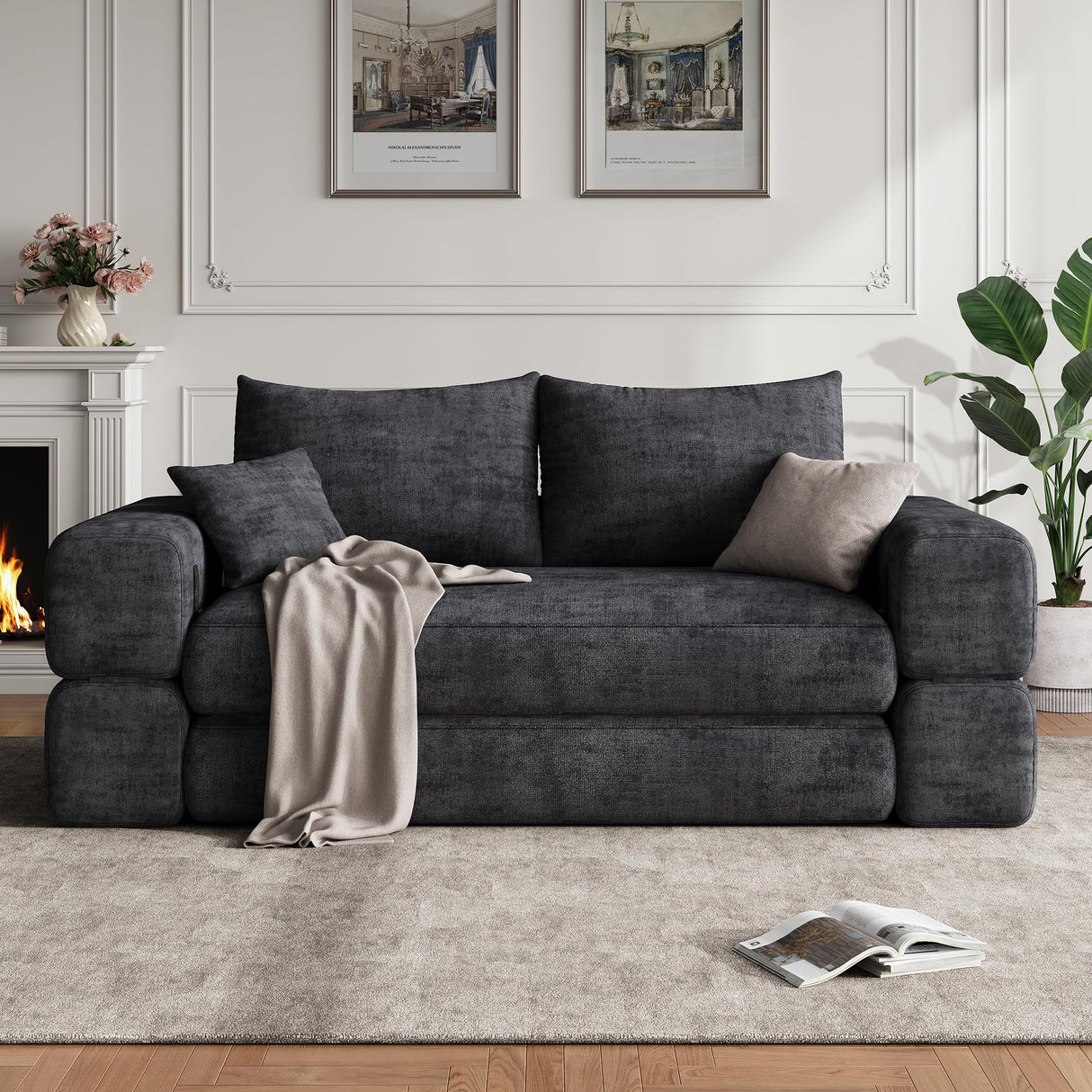 Jocoevol 75'' Queen Folding Convertible Sofa Bed with Large Pillow, 4-in-1 Floor Foldable Futon Sofa Bed, Chenille Boneless Mattress Couch, Floor Sleeper Sofa Chair Bed for Living Room/Bedroom, Black Jocoevol