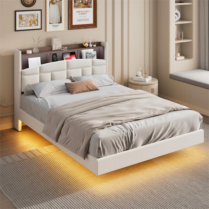 EDWZK Queen Velvet Floating Bed Frame with RGB LED Lights and Charging Station - WoodArtSupply