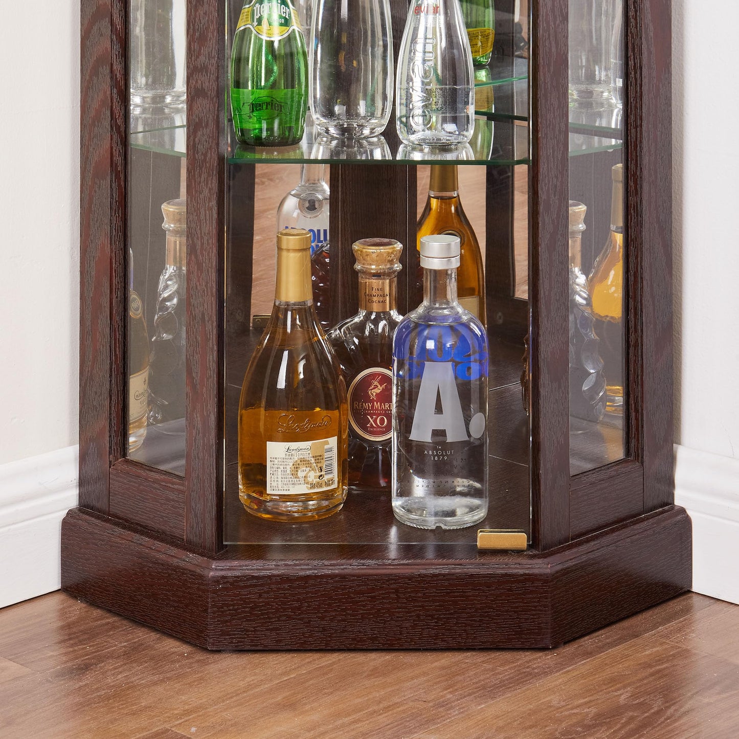 Lighted Corner Display Curio Cabinet Wooden Shelving Unit with Tempered Glass Door, Bar and Liquor Storage Area with 4 Shelves, Wine Cabinet