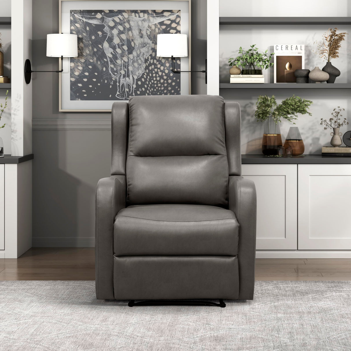 Lexicon Manual Recliner Chair, Reclining Sofa Chair, Home Theater Seating, Wall Hugger, Manual Recliner for Living Room/Office/Apartment, Easy Assembly, Gray Faux Leather Lexicon
