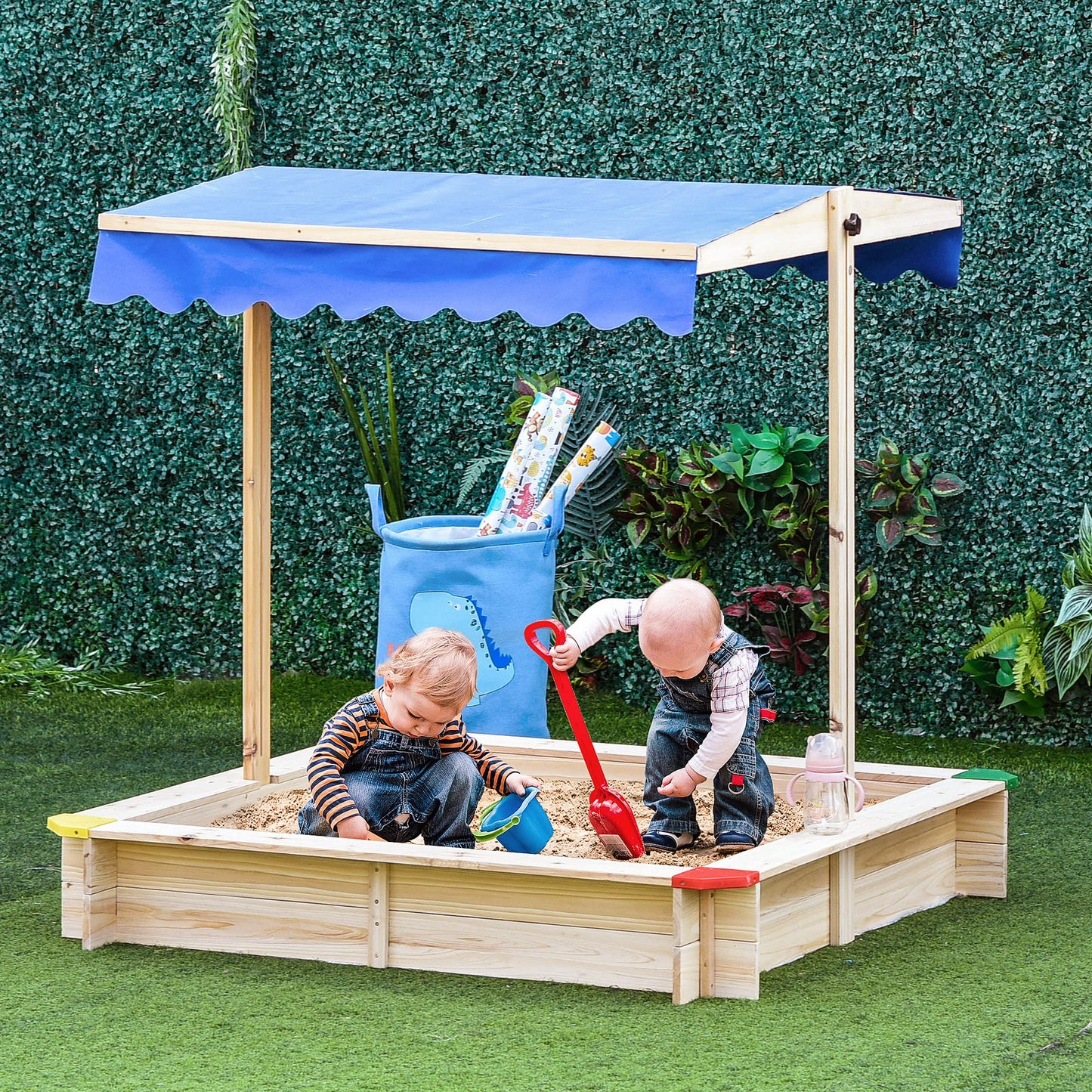 Outsunny Wooden Sandbox w/Adjustable Canopy, Children Outdoor Playset Weather Resistant 47" L x 47" W x 47" H, Natural & Blue - WoodArtSupply