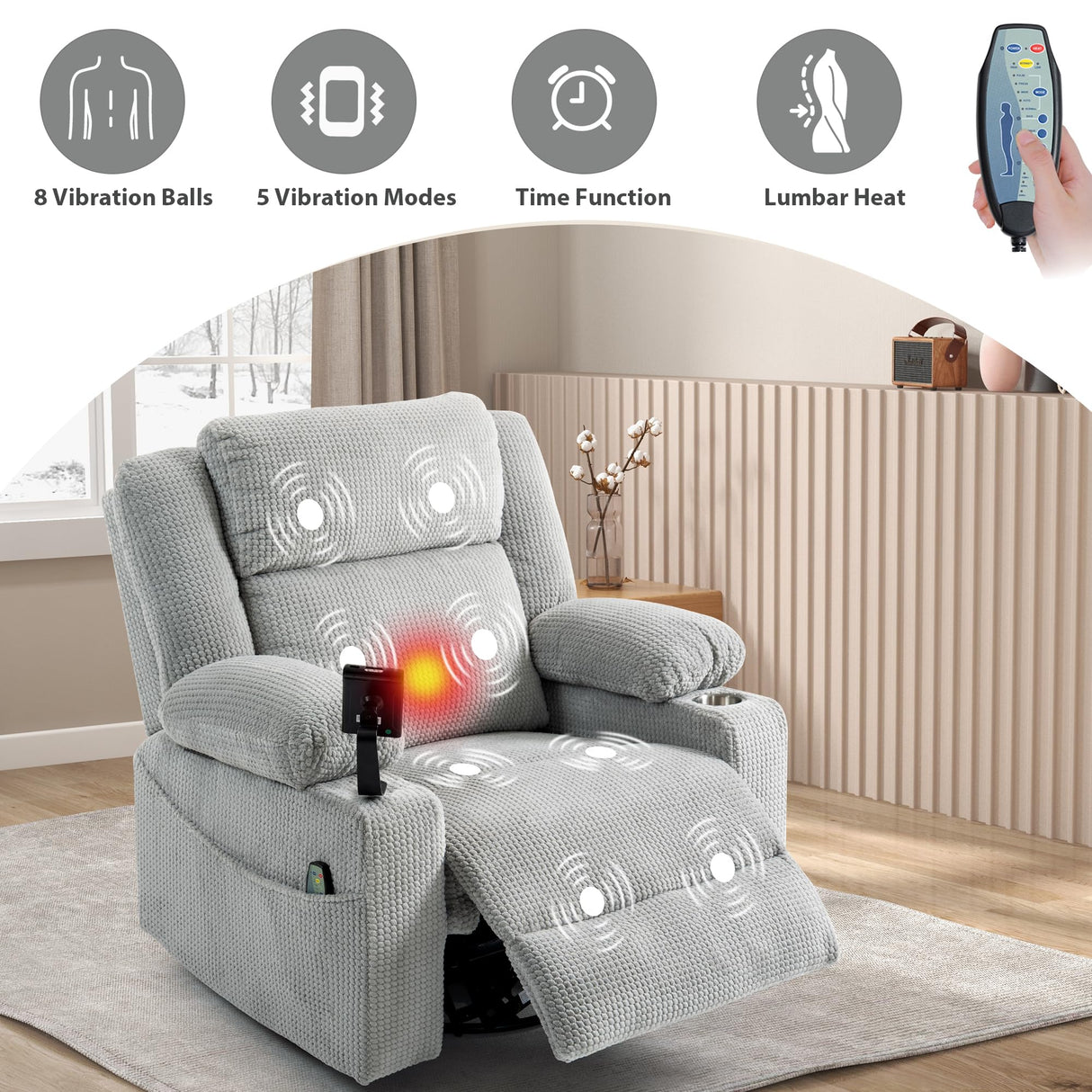 SINCRUMI Power Oversized Swivel Rocker Recliner with Dual Motor Adjustable Headrest for Adults, Glider Rocking Chair with Vibration and Heat, USB A&C Ports, Armrest Storage, Cup Holder, Light Grey SINCRUMI