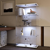 lunhung Glass Display Cabinet 4-Shelf with LED Lights and Lock,2 Doors Curio Cabinets Display Case Storage Cabinet,Glass Floor Standing Bookshelf for Living Room 32" W x 14" D x 64" H (White) lunhung