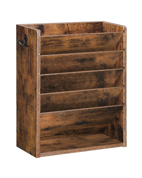 CHOEZON Wall File Organizer, 6-Tier Vertical Mount Hanging Holder with 2 Side Hooks, Vintage Wooden Magazine Storage Crate with Bottom Flat Tray, Desk Organizer, for Office, Home, Rustic Brown MWJ01FG CHOEZON