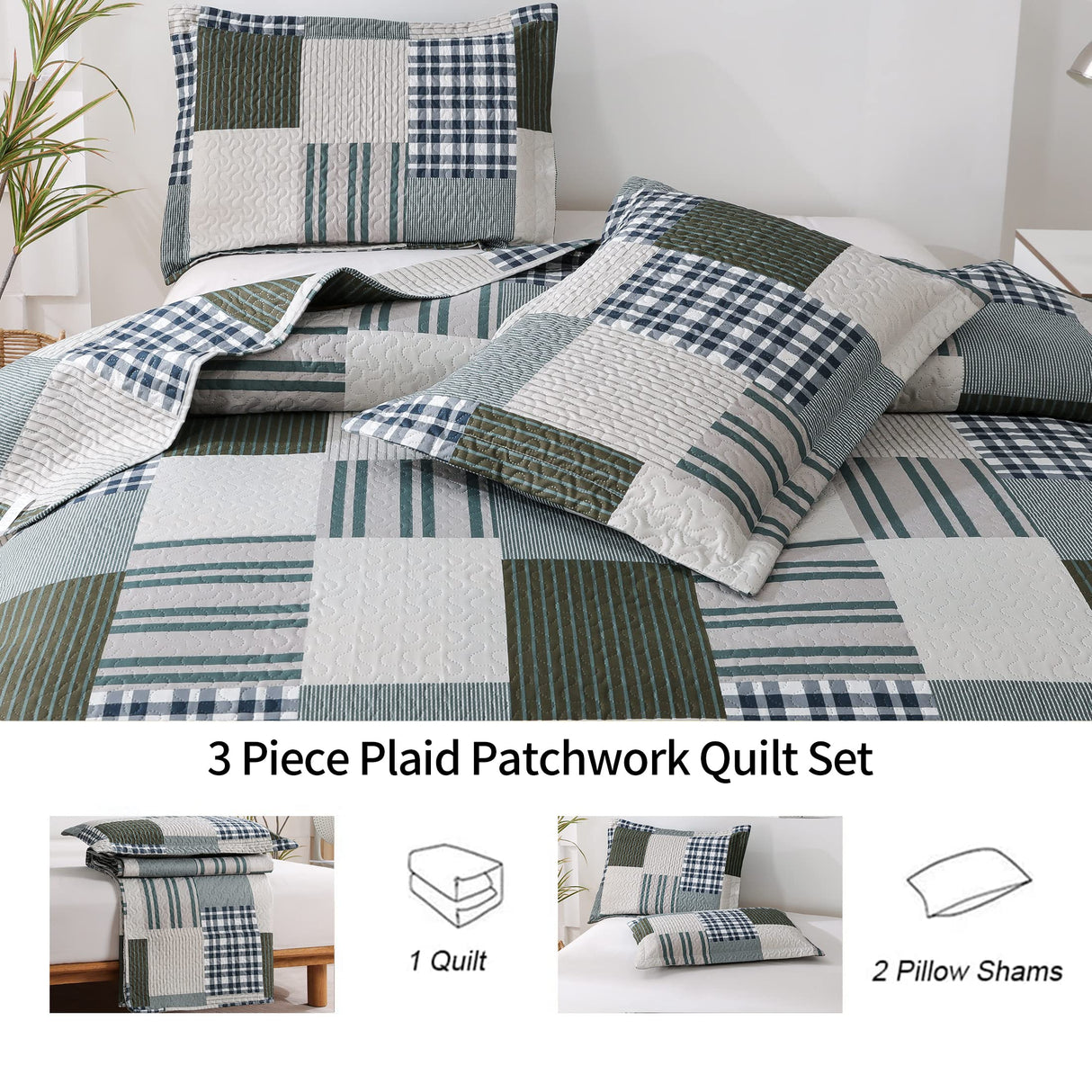 Jessy Home Bedspread Set Queen Size Quilt Set Bedding Lightweight Bedspread Plaid Patchwork Bedding Reversible Quilt Stripe Line Style Mens Quilts Coverlet Soft Breathable Bedspread Queen Bed Jessy Home