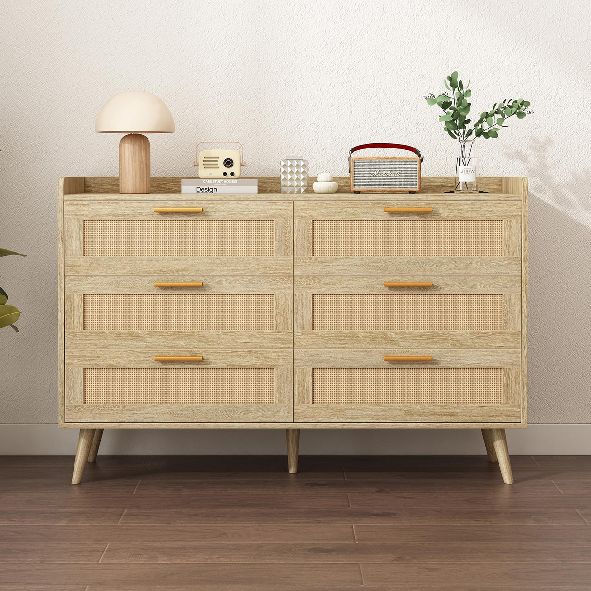 FUSOU 6 Drawer Dresser for Bedroom, Rattan Modern Dresser with Power Outlet, Wide Desktop Chest of Drawers Anti-tip, Oak Wood Storage Closet Dressers for TV, Living Room, Hallway, Entryway, Oak FUSOU