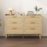 FUSOU 6 Drawer Dresser for Bedroom, Rattan Modern Dresser with Power Outlet, Wide Desktop Chest of Drawers Anti-tip, Oak Wood Storage Closet Dressers for TV, Living Room, Hallway, Entryway, Oak FUSOU