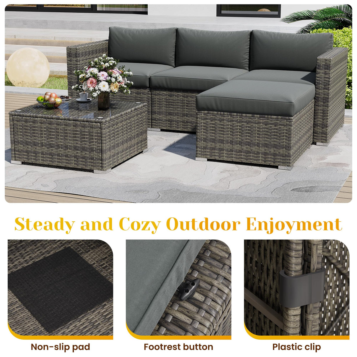 May in Color 5 Piece Outdoor Patio Sectional Furniture Set, Weather Resistant Rattan Outside Couch, Waterproof Conversation Sofa for Balcony, Porch, Backyard, Deck, Garden, Grey May in Color