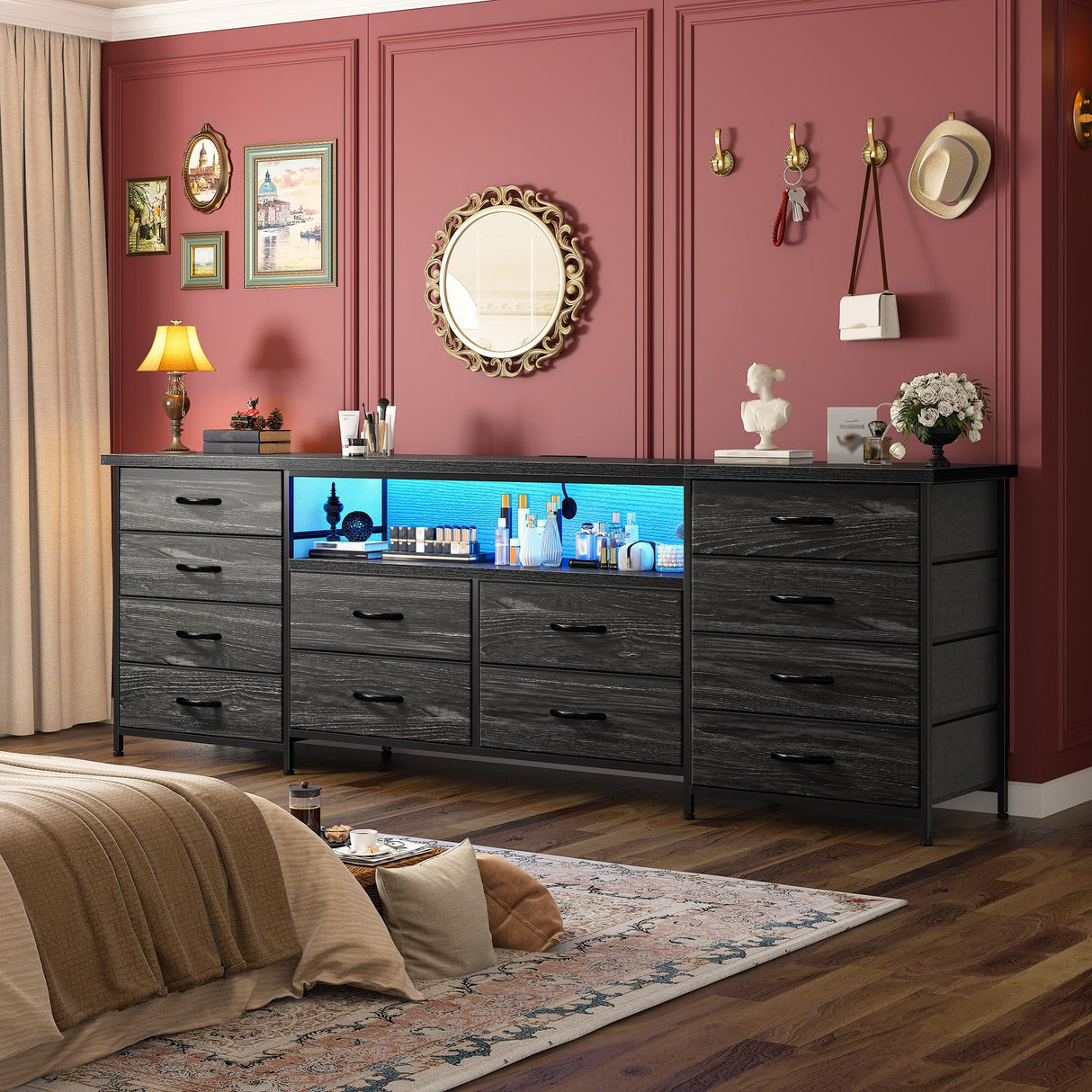 63" Long Dresser for Bedroom with 12 Fabric Drawers Entertainment Center with LED Lights & Power Outlets TV Stand for 70 Inch TV, Organizer for Bedroom, Black Romorgniz