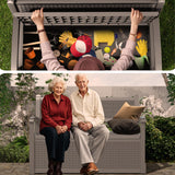 ROJIK 80 Gallon Storage Bench Deck Box Outdoor with Armrests,Storage Furniture Waterproof Lockable for Porch Patio and Garden (Grey) ROJIK