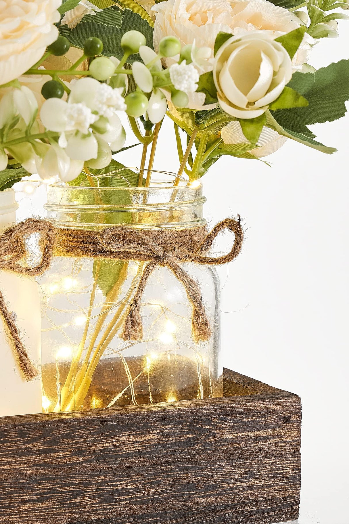 Mkono Mason Jar Lights Centerpiece Table Decor for Dining Room Farmhouse Wood Tray with 3 Jars Flowers Center Pieces Spring Decor for Kitchen Living Room Mkono