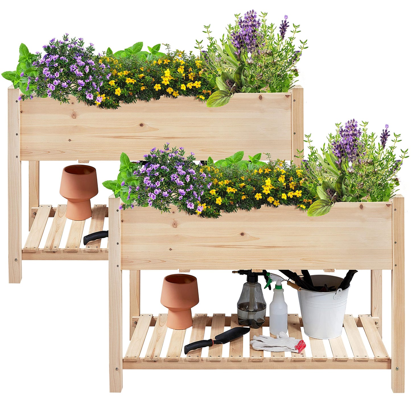 Yaheetech 47x23x32in Wooden Raised Garden Bed with Legs & Storage Shelf Horticulture Wooden Elevated Planter Box Vegetable Growing Bed for Flower/Herb/Backyard/Patio, 2pcs