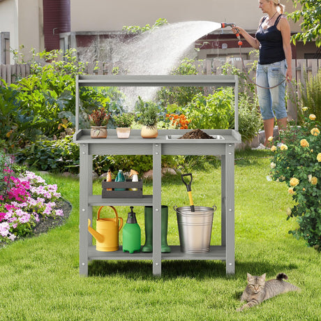 ONBRILL Potting Bench, Outdoor Potting Bench Table with Removable Sink, HDPS Potting Benches for Outside, Garden Table with Storage Shelves & 4 Side Hooks, No Rot, No Fade, No Break, 360lbs Capacity ONBRILL