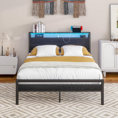BOFENG Full Size Metal Bed Frame with Storage Headboard, LED Lights, and Charging Station